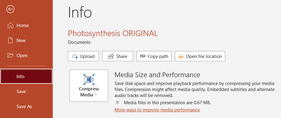 Use Media Size and Performance feature to compress videos in your PPT presentations