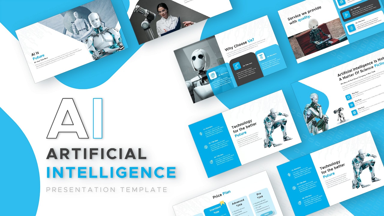 AI themed pitch deck presentation template for PowerPoint