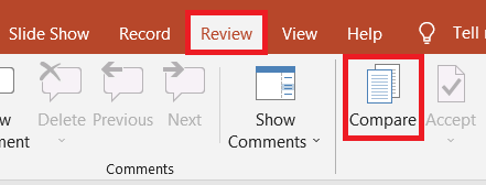 Select Review tab and click on Compare