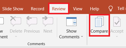 Select the review tab and click on compare to compare PowerPoint files