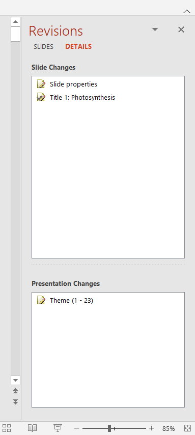 Revision panel in PowerPoint
