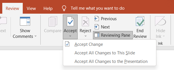 Accept all changes in PowerPoint while reviewing 2 versions