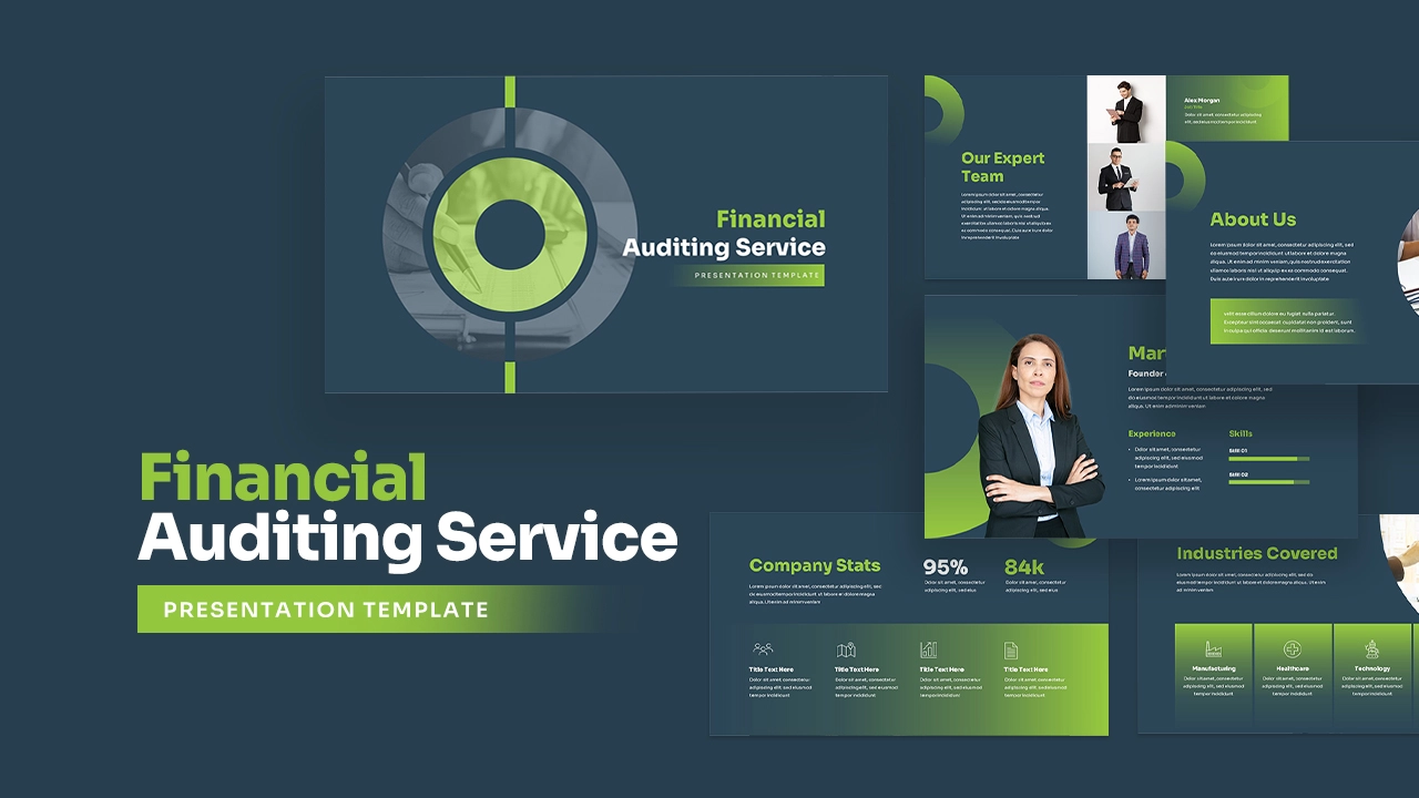 Green and blue color Financial auditing PowerPoint template