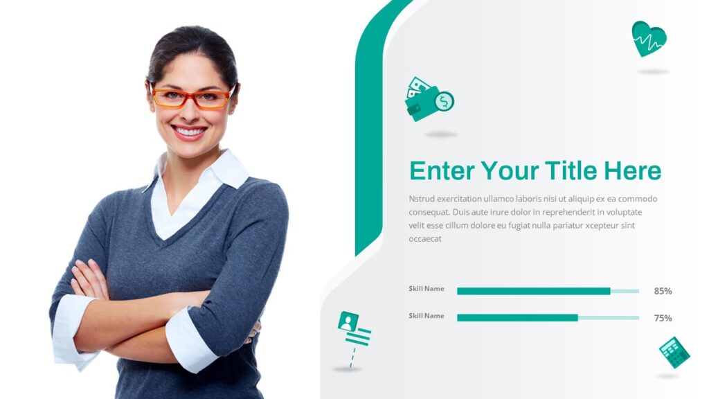 A title slide featuring a lady standing with her arms crossed