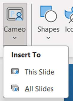 The drop down menu below Cameo gives you two options, to insert the Cameo to just a slide or all slides