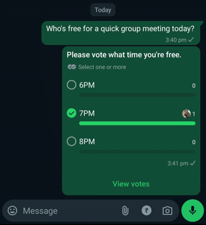 A WhatsApp chat that shows a poll, asking people when they're free for a quick meeting