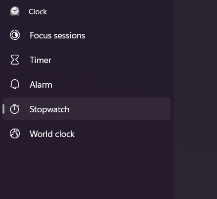 The sidebar of the clock app on Windows, showing the stopwatch option.