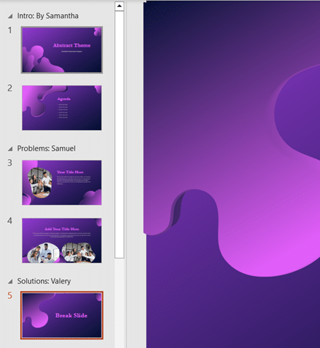 PowerPoint's outline view with some purple slides visible, which are themes designed by SlideBazaar