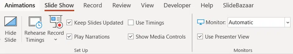 The option in PowerPoint to switch on presenter view.