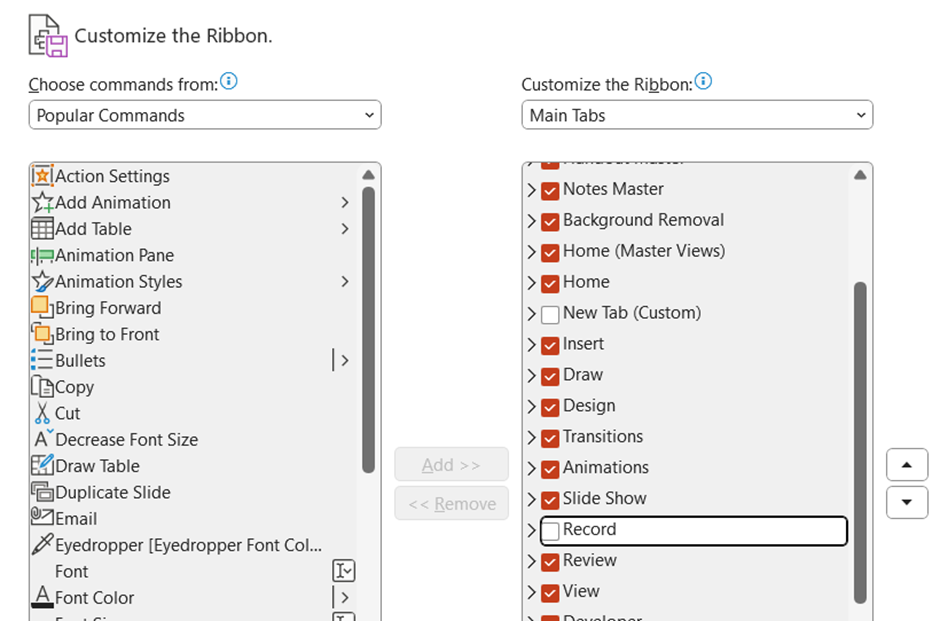 This shows an option in PowerPoint that allows users to customize the PowerPoint ribbon.