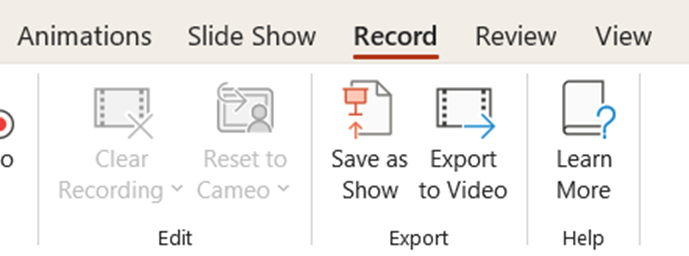The Record tab in the PowerPoint ribbon menu