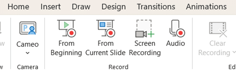 Recording options available in PowerPoint