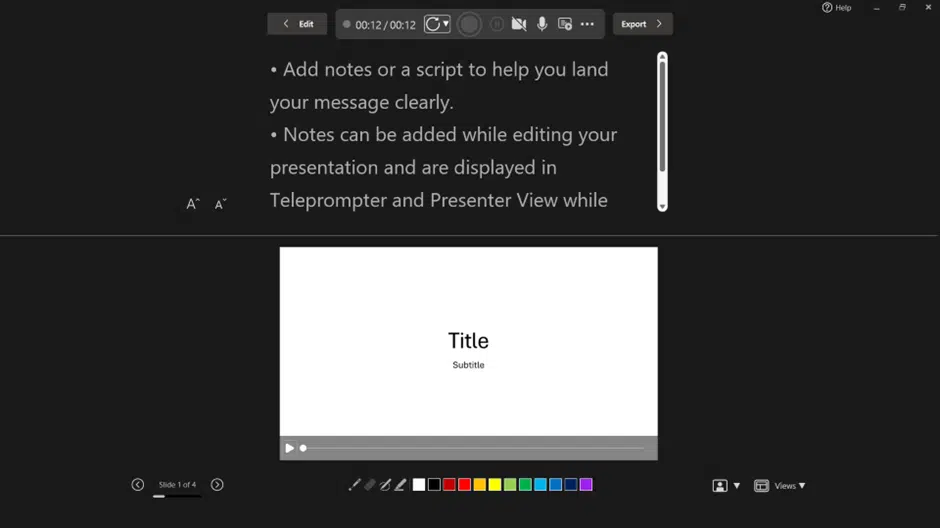 A view of how it looks when you record your presentation in PowerPoint. The buttons for recording are at the top, while the notes and slides appear below.