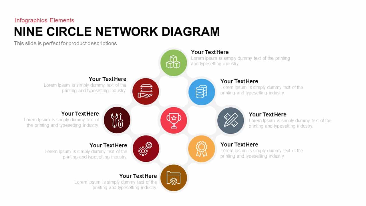 Nine Circle Network Diagram PowerPoint Template and Keynote Slide