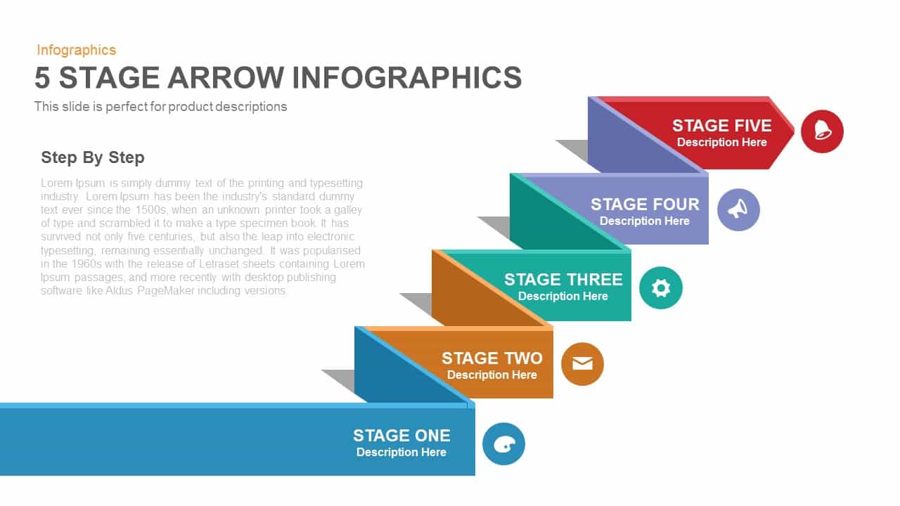 Five Stage Infographic Arrow PowerPoint Template and Keynote Slide
