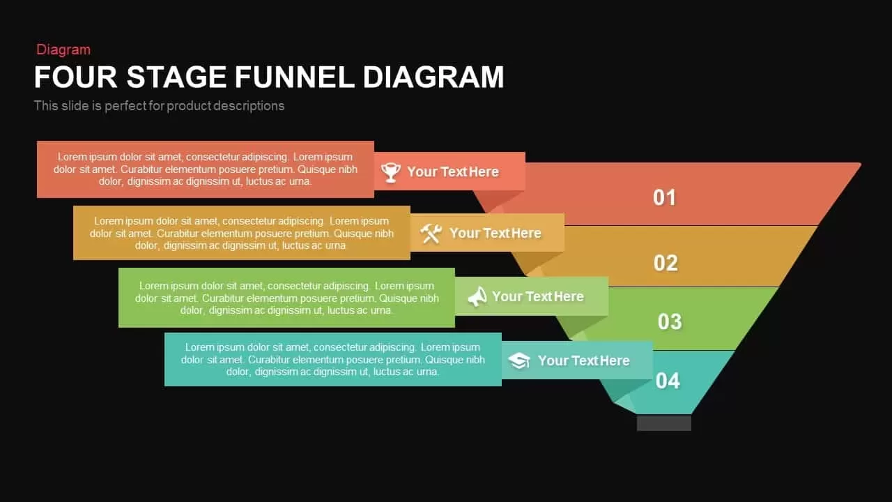 Four Stage Funnel Diagram Powerpoint and Keynote template