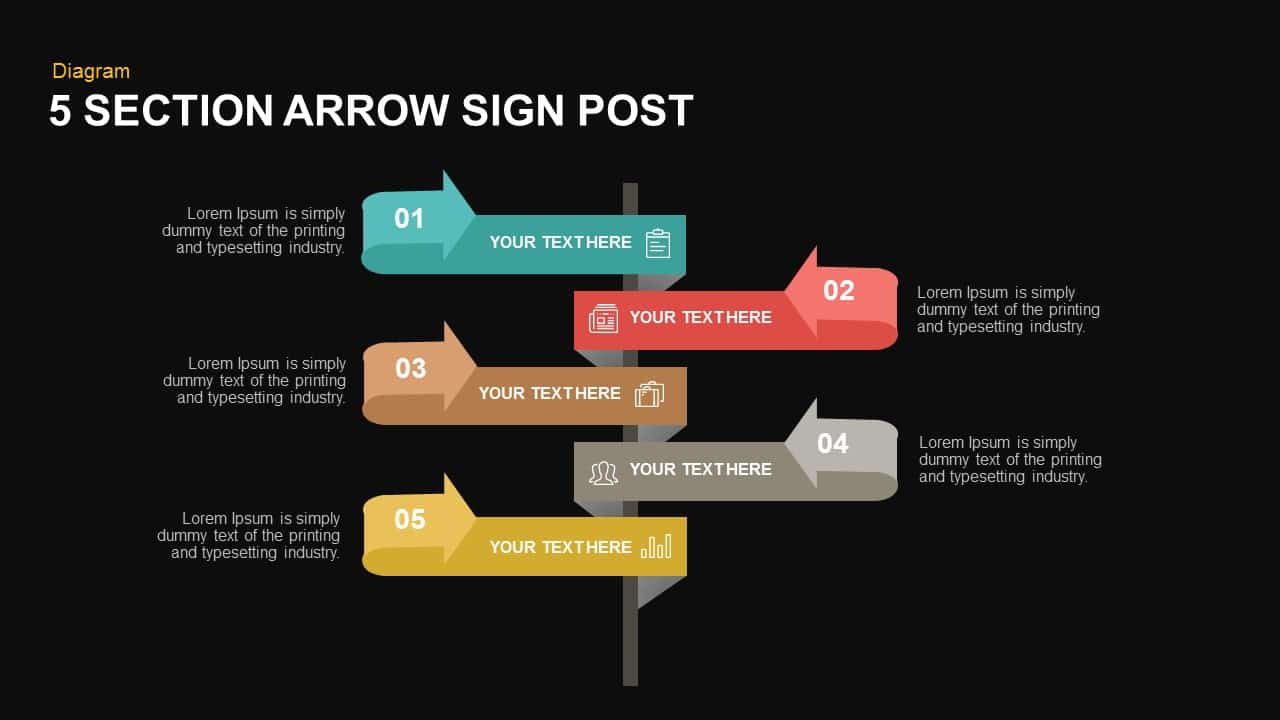 5 Section Arrow Sign Post Template for PowerPoint and Keynote