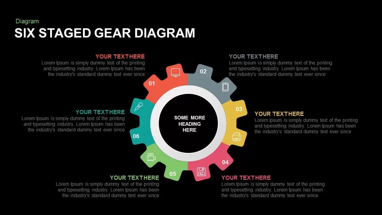 Six Staged Gear Diagram Powerpoint and Keynote template