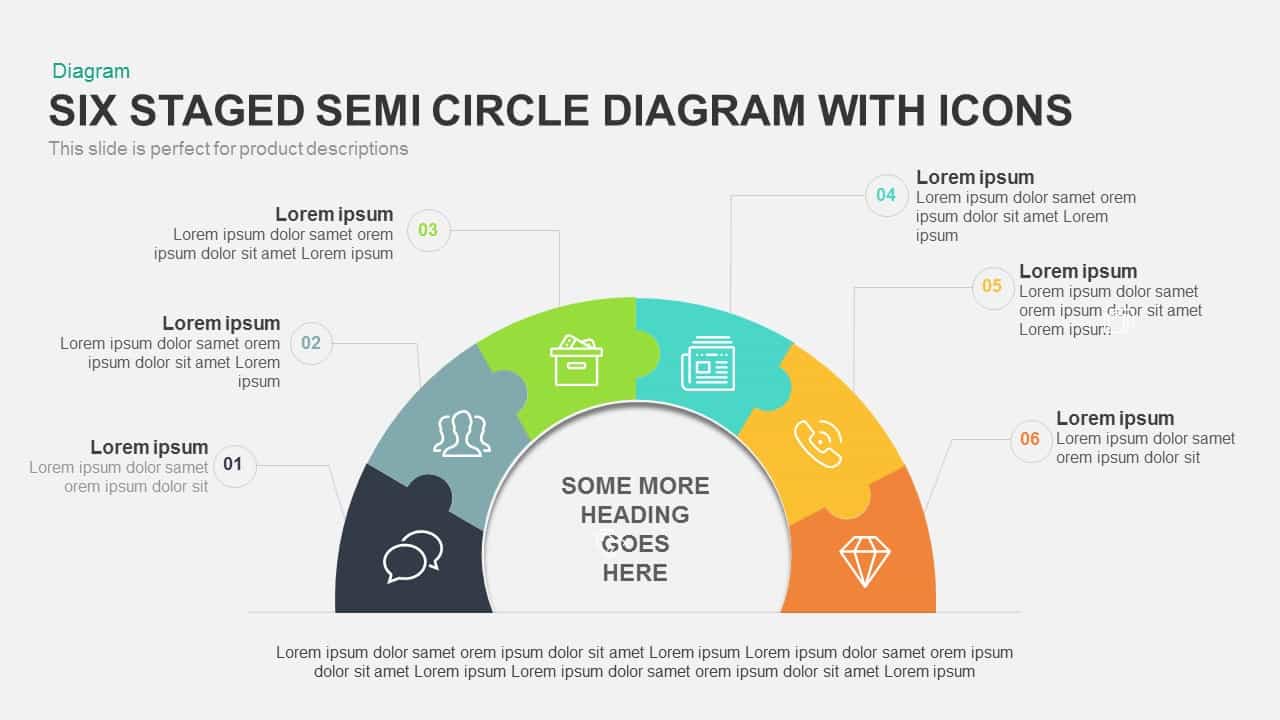 6 staged semi circle diagram PowerPoint template with icons