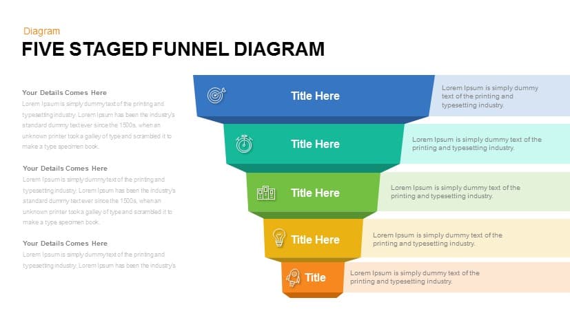 5 Staged Funnel Diagram Powerpoint Template And Keynote Slide