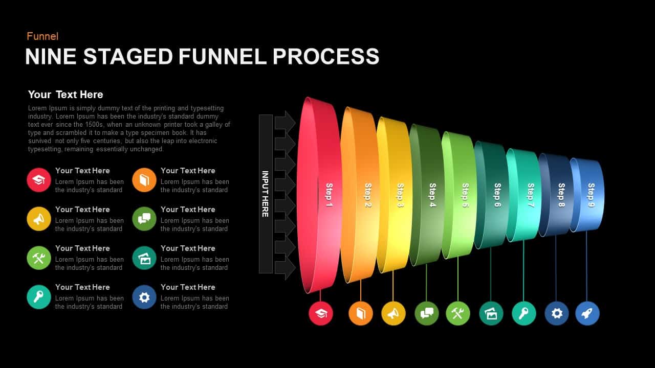 Nine Staged Funnel Powerpoint template