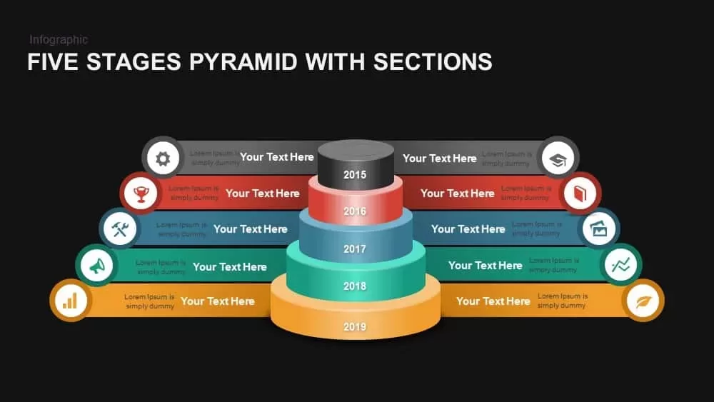 Five Stages Pyramid with Ribbons Powerpoint template