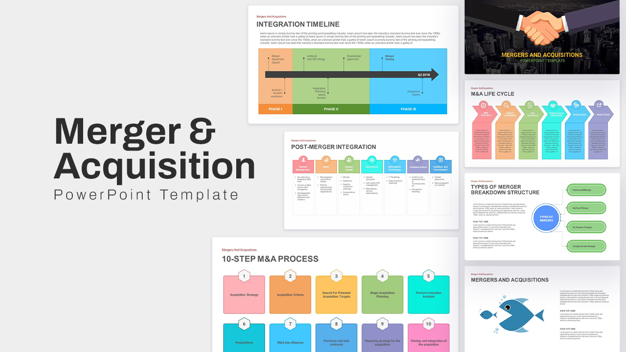 Merger and Acquisition PowerPoint templates with timelines, lifecycle stages, and process steps for corporate presentations.