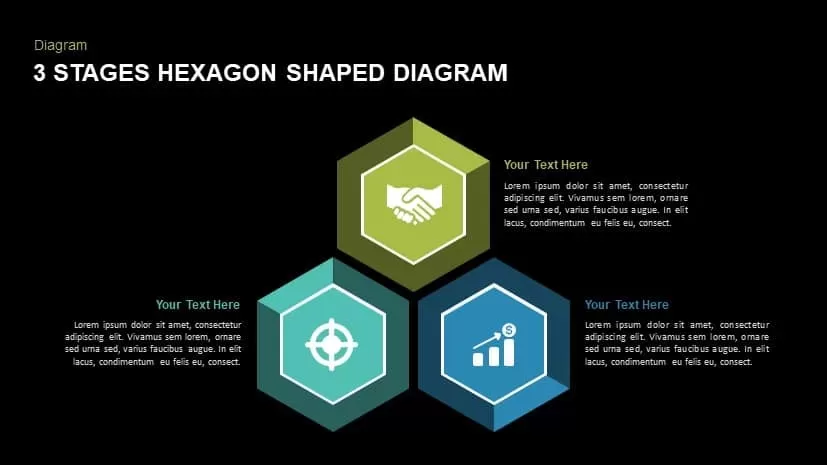 3 stages hexagon shaped diagram powerpoint template and keynote slides