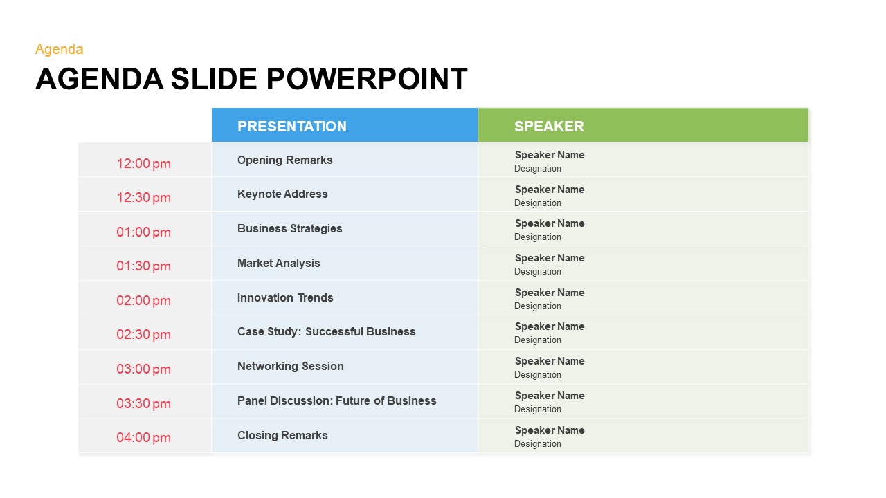 PowerPoint Agenda Slide Template sections