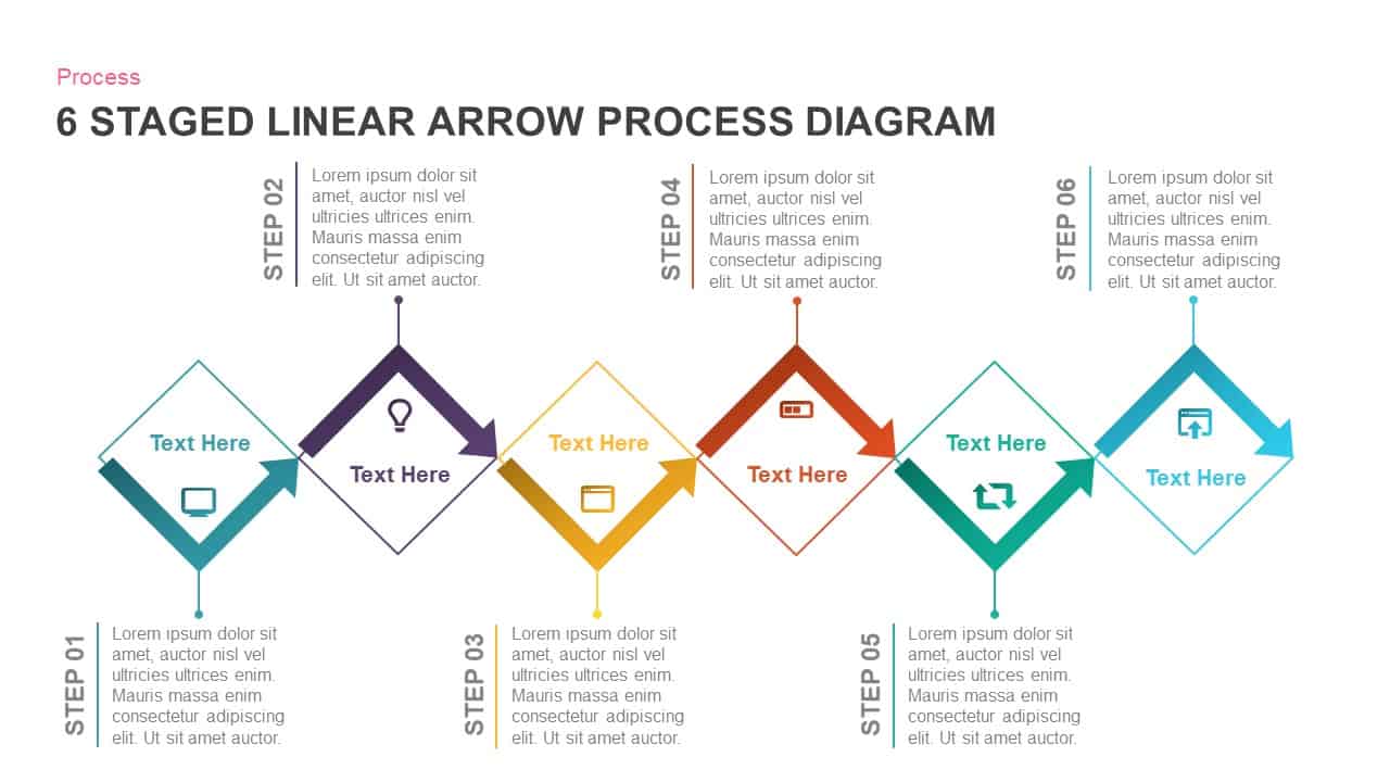 6 staged linear process diagram arrow PowerPoint template