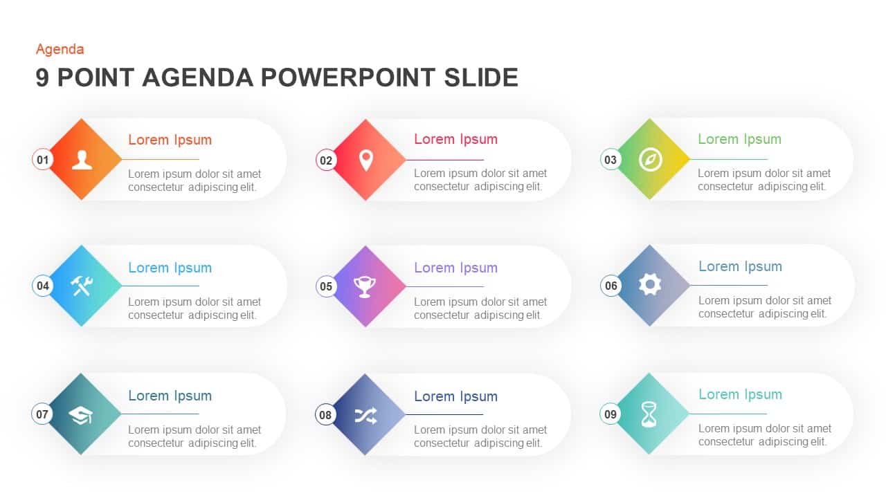 9 Point Agenda Powerpoint Template And Keynote Slide