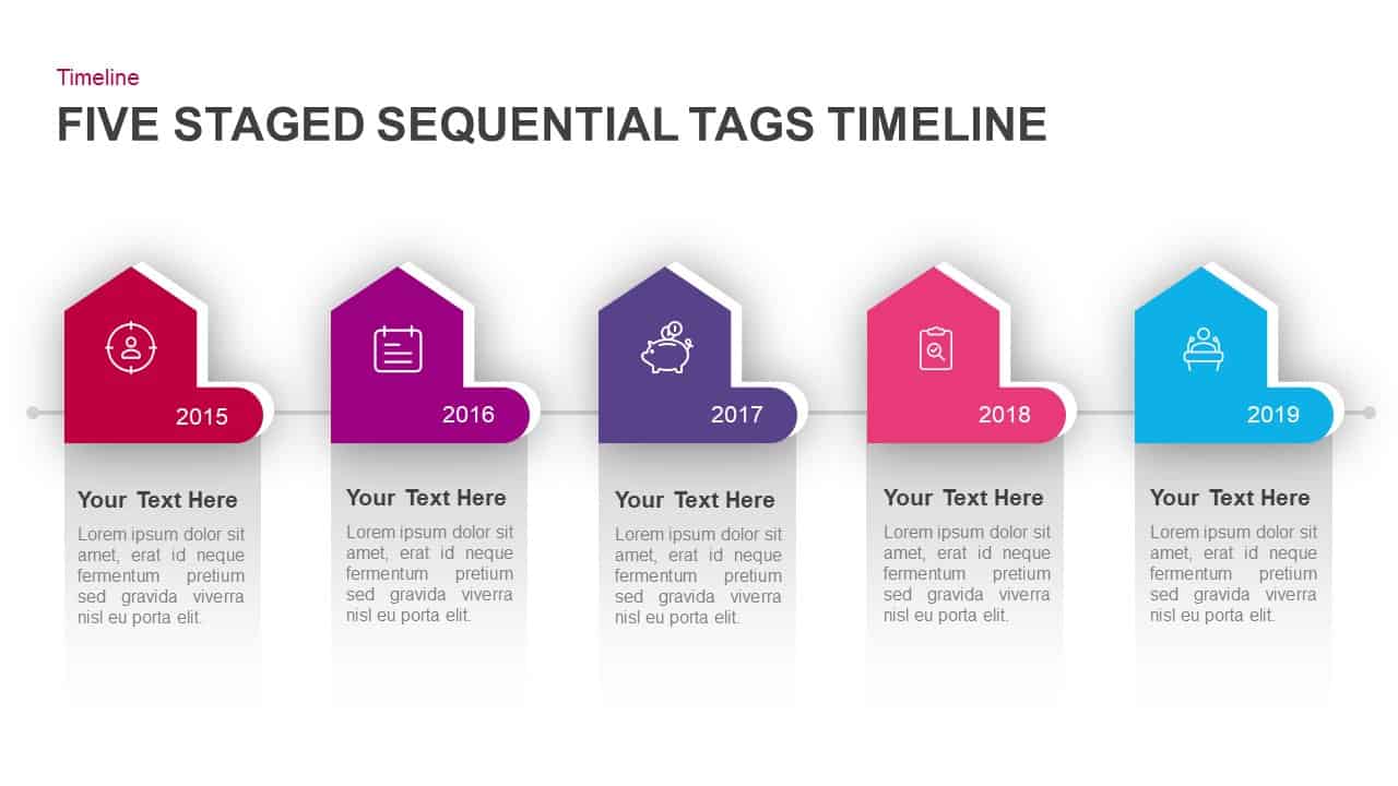 5 Staged Sequential Tags Timeline PowerPoint Template & Keynote