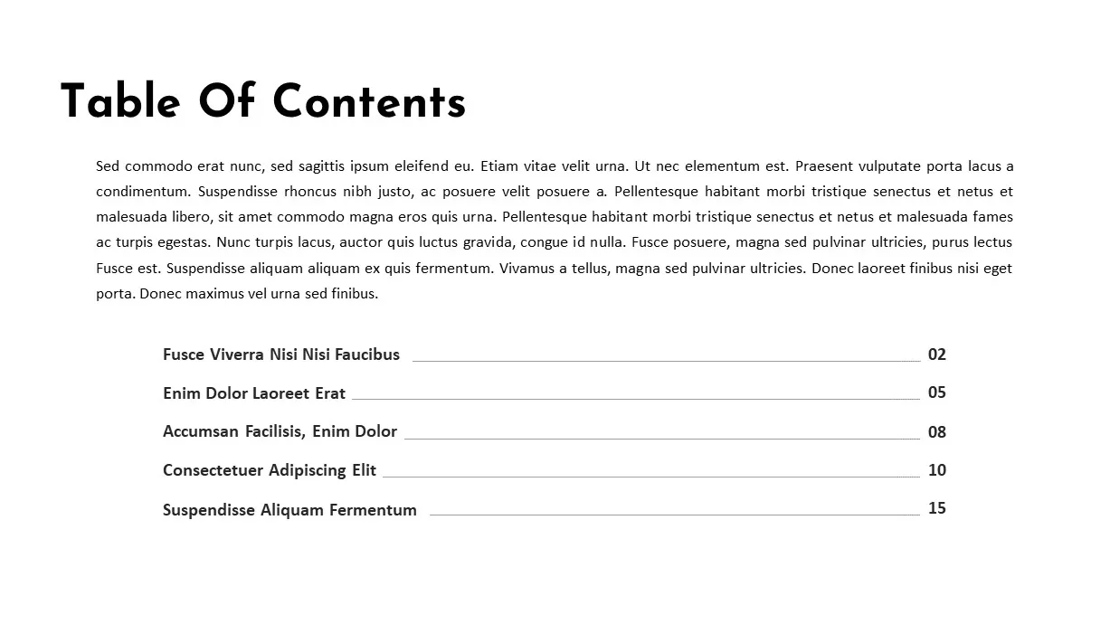Charity PowerPoint Template table of contents