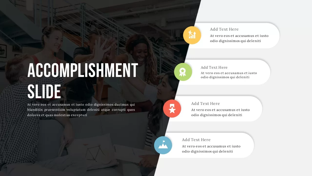 Accomplishment infographic slide for PowerPoint, featuring a photo background with icons and text sections to highlight key achievements.