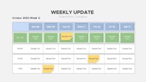 Weekly update PowerPoint slide template with a calendar layout, showing daily schedules from Sunday to Saturday, with time slots and space for notes.