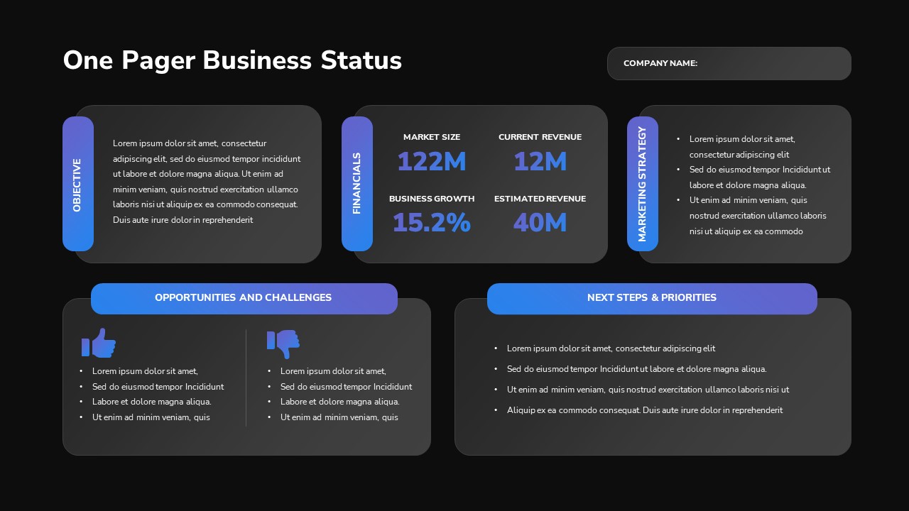 One Pager Business Status Powerpoint Template Slidebazaar 2744