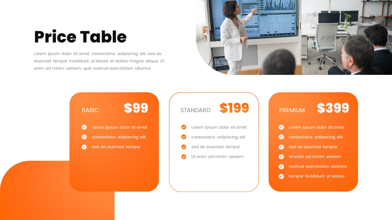 Orange theme business pricing table presentation template