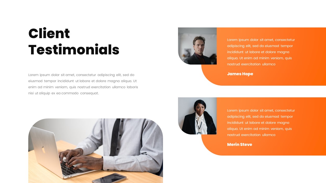 Orange theme client testimonial presentation template