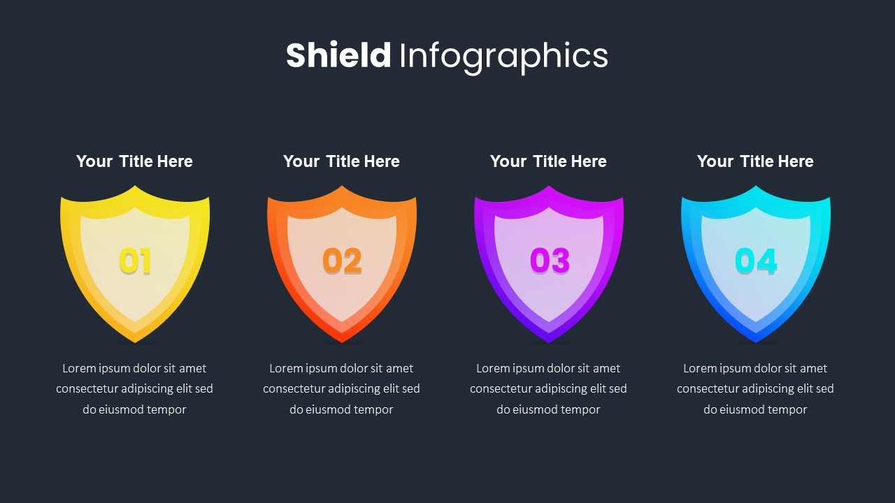 4 Items Shield Infographic PowerPoint Template Dark