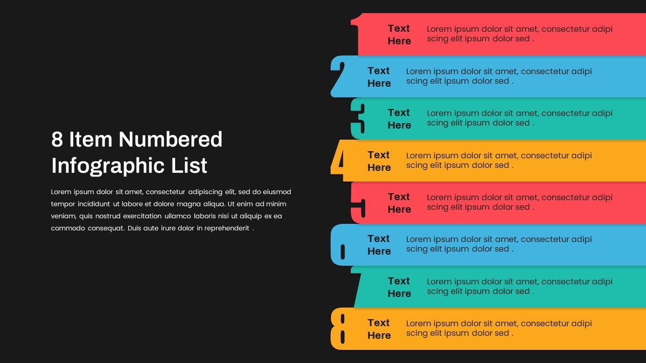 8 Item Numbered Infographic List Template PowerPoint Dark