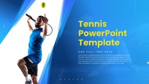 Tennis PowerPoint Template: A dynamic slide layout featuring a tennis theme, perfect for presentations on tennis events, coaching, or sports analysis.