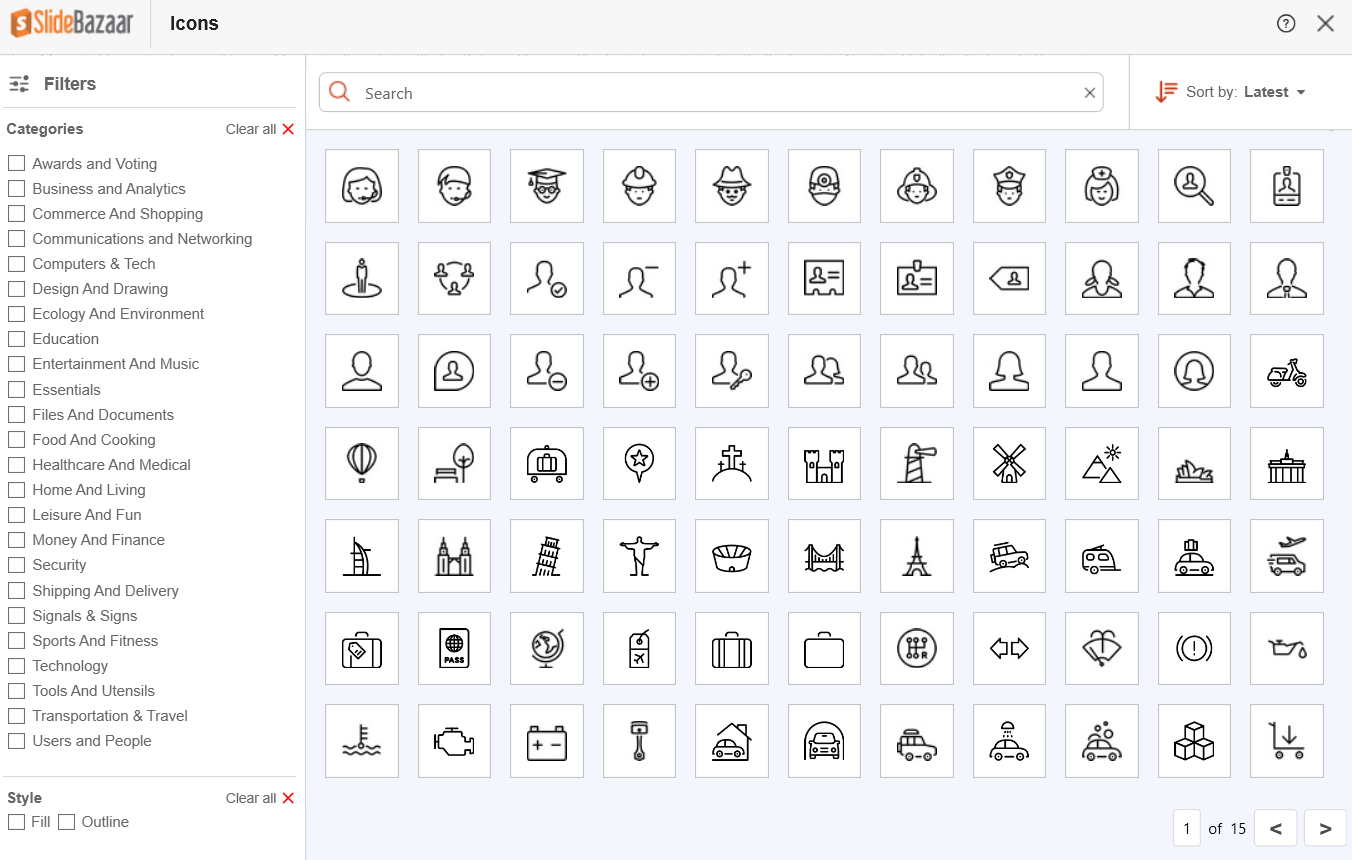 Icon library in SlideBazaar's PowerPoint add-in