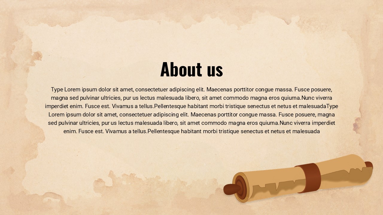 History Presentation Theme PowerPoint Template 'About Us' slide with parchment background and scroll illustration.