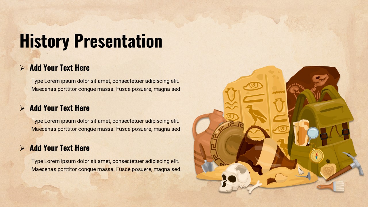 History Presentation Theme PowerPoint Template slide with historical artifacts illustration, including Egyptian hieroglyphs, pottery, and tools.