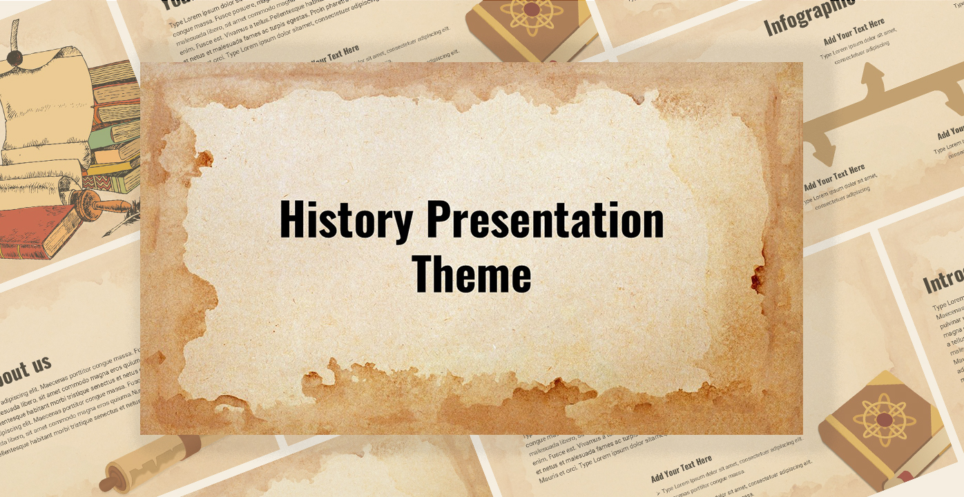 History Presentation Theme PowerPoint Template cover slide with vintage parchment design and historical elements.