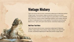 History Presentation Theme PowerPoint Template slide titled &#039;Vintage History&#039; with parchment background and Sphinx illustration.