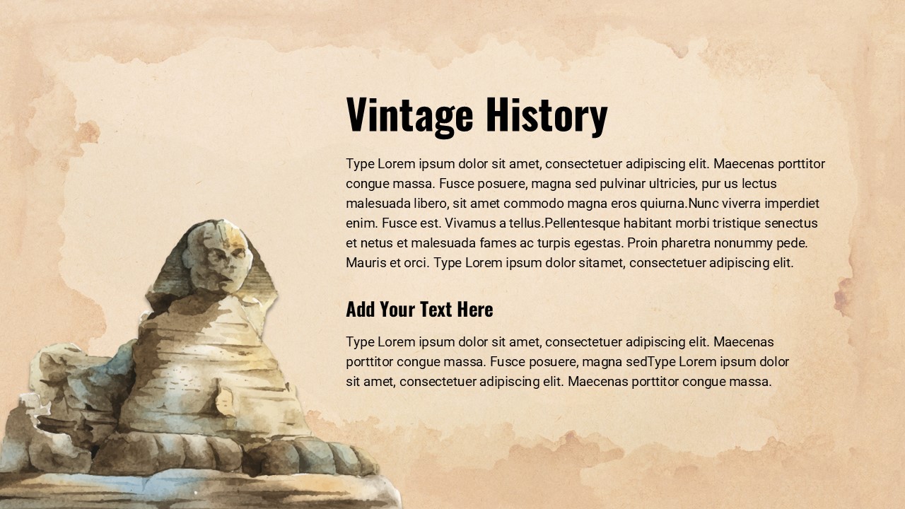 History Presentation Theme PowerPoint Template slide titled 'Vintage History' with parchment background and Sphinx illustration.