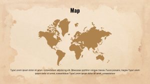 History Presentation Theme PowerPoint Template slide with world map illustration on a vintage parchment background.