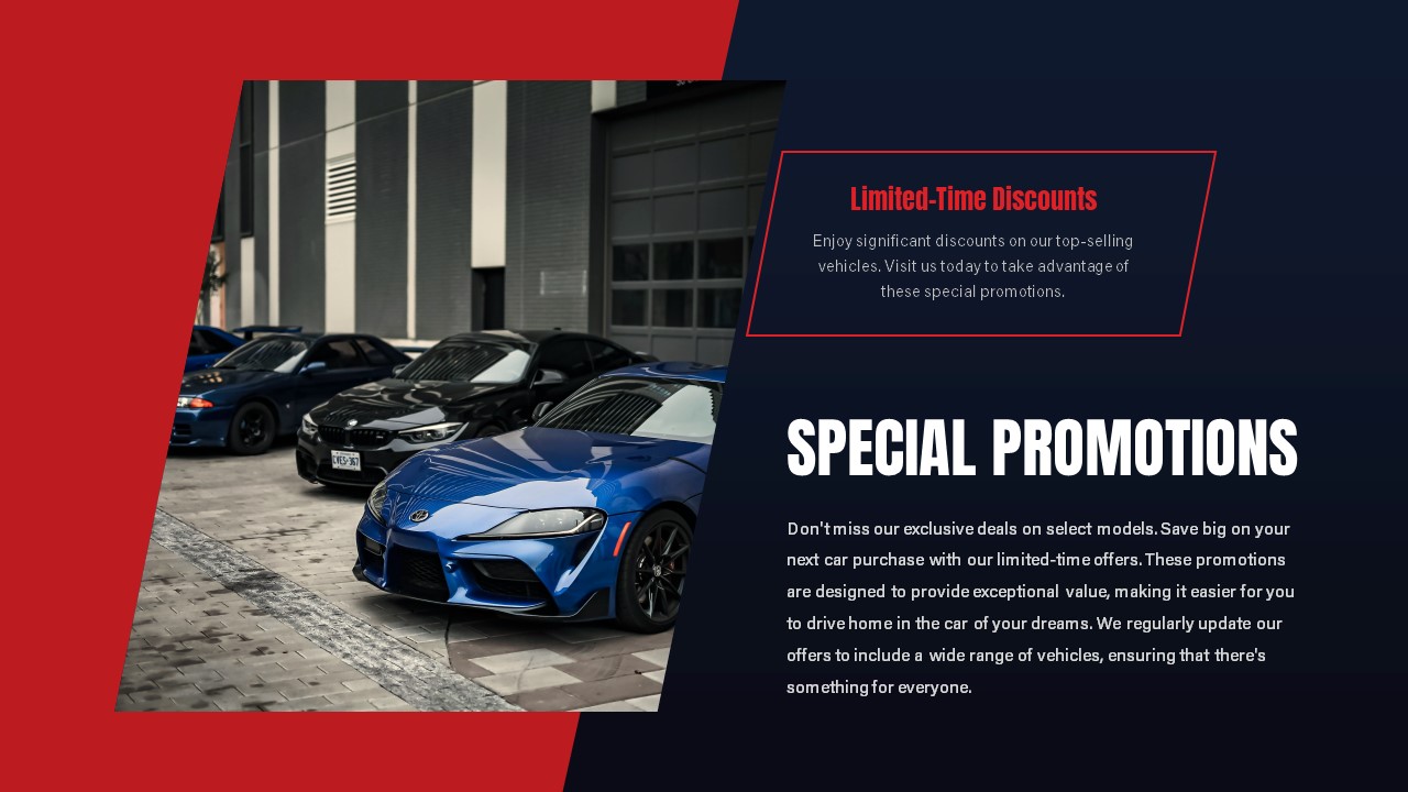 Car Dealership PowerPoint Presentation Template promotions slide