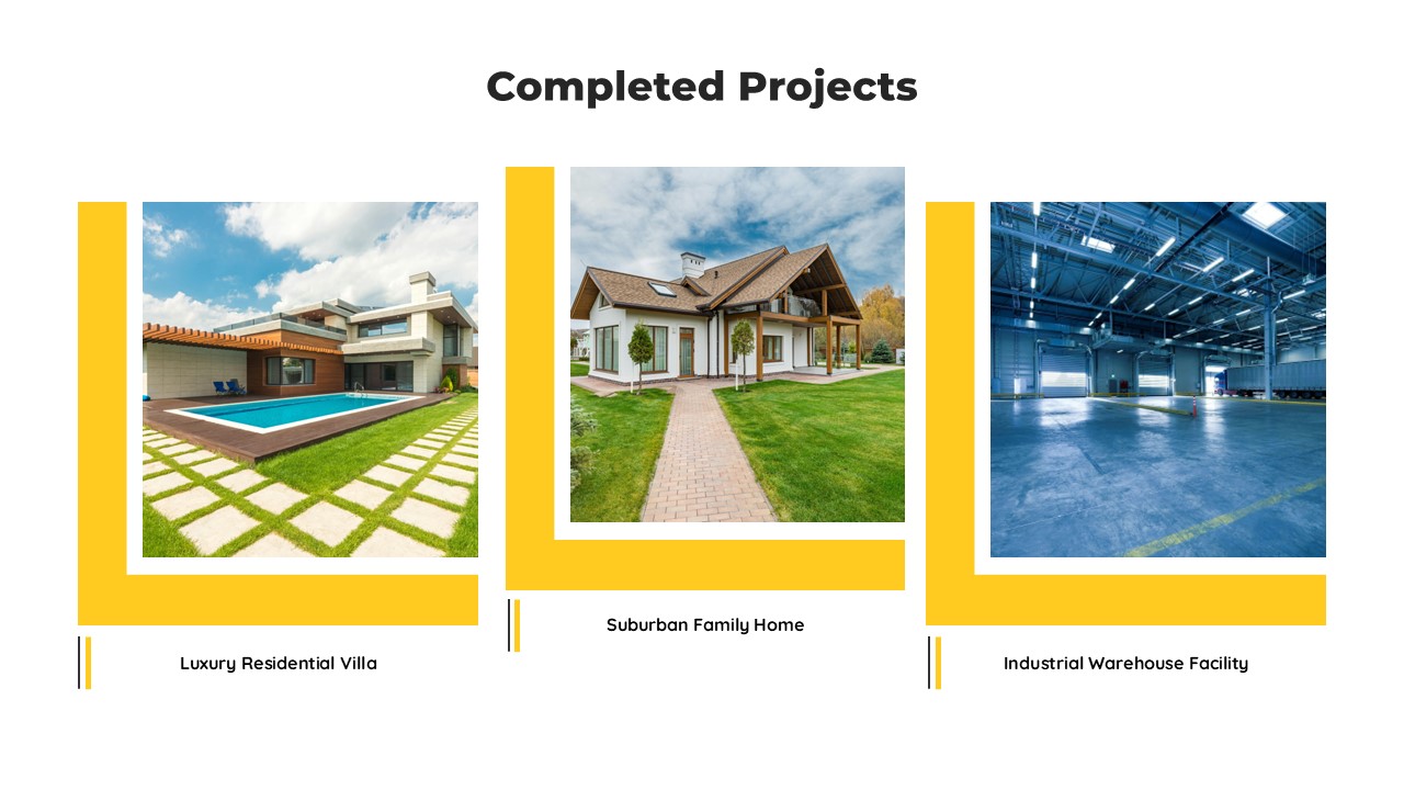 Construction Company Profile PowerPoint Template completed projects slide